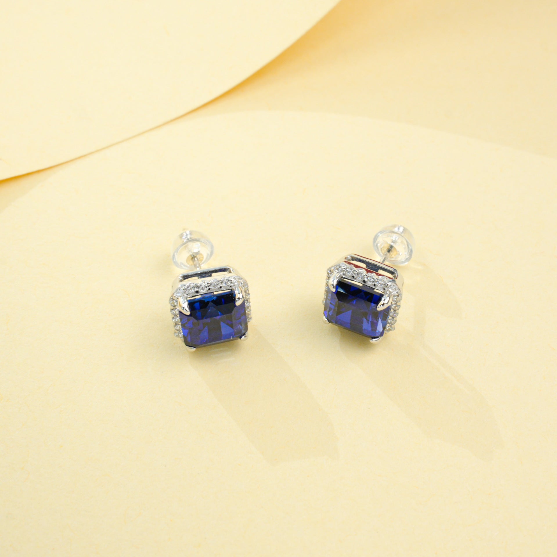 S925 Silver Classic Cushion Lab Sapphire Halo Stud Earrings, Pair Earrings - Photo 3