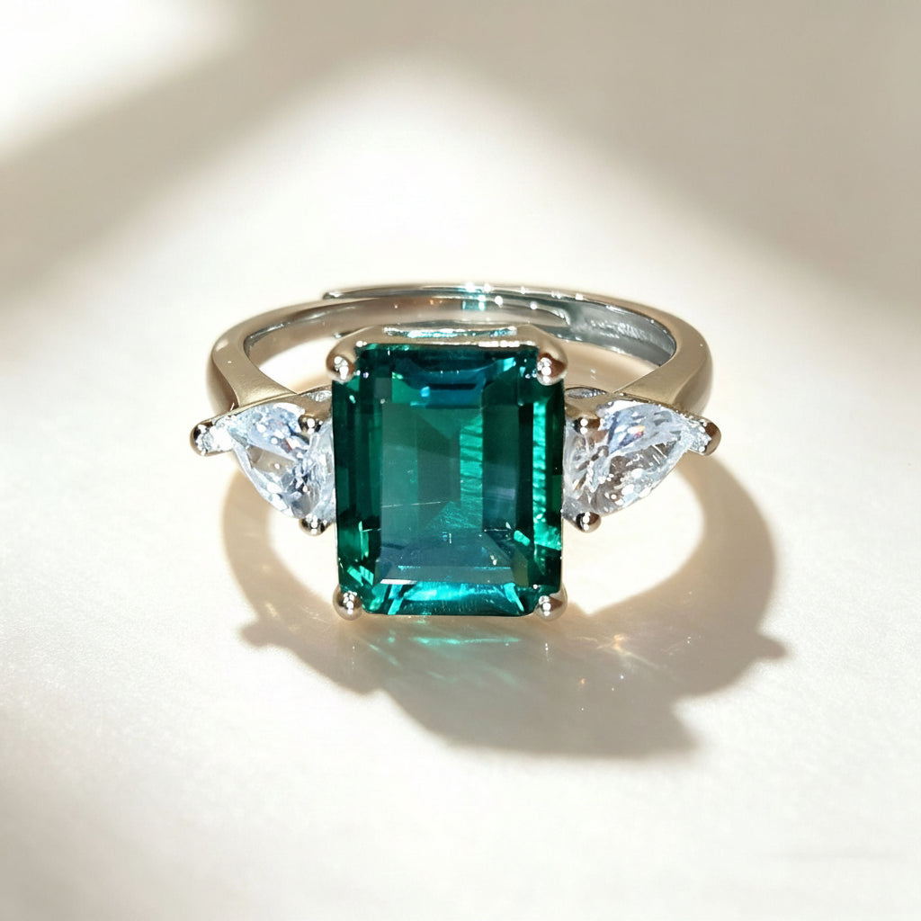 S925 Sterling Silver Lab Emerald Ring for Women, Minimalist Adjustable - Photo 1