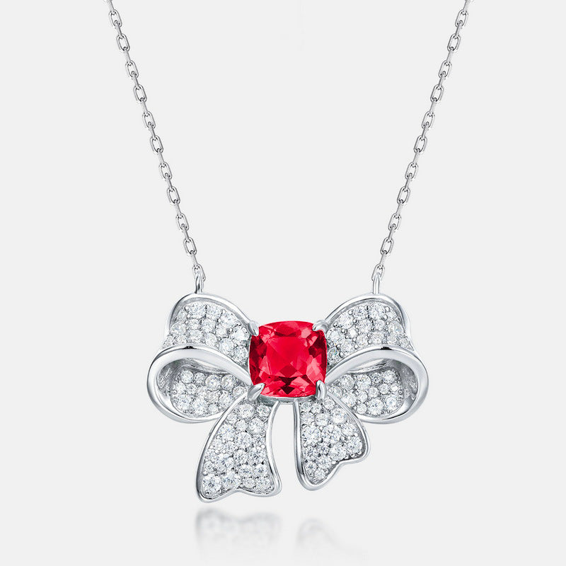 S925 Sterling Silver Lab Ruby Bow Full Diamond Choker, Versatile - Photo 6