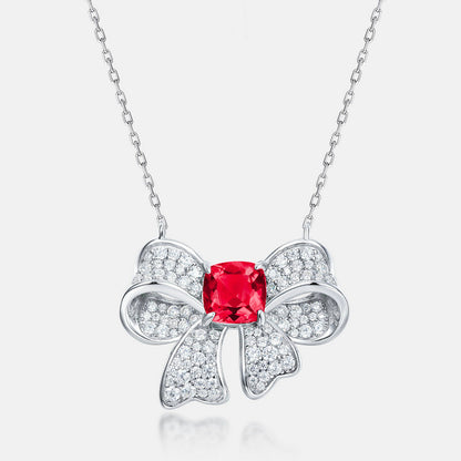 S925 Sterling Silver Lab Ruby Bow Full Diamond Choker, Versatile - Photo 6