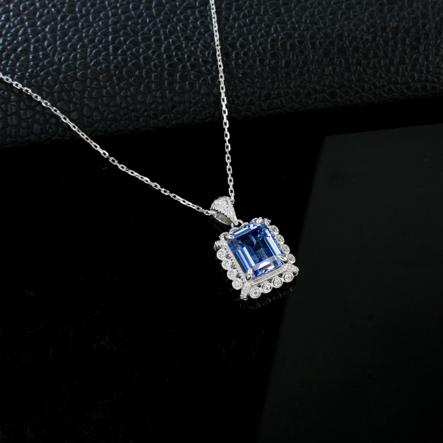 925 Sterling Silver Lab Sapphire Square Pave Choker Necklace, Elegant Versatile - Photo 4