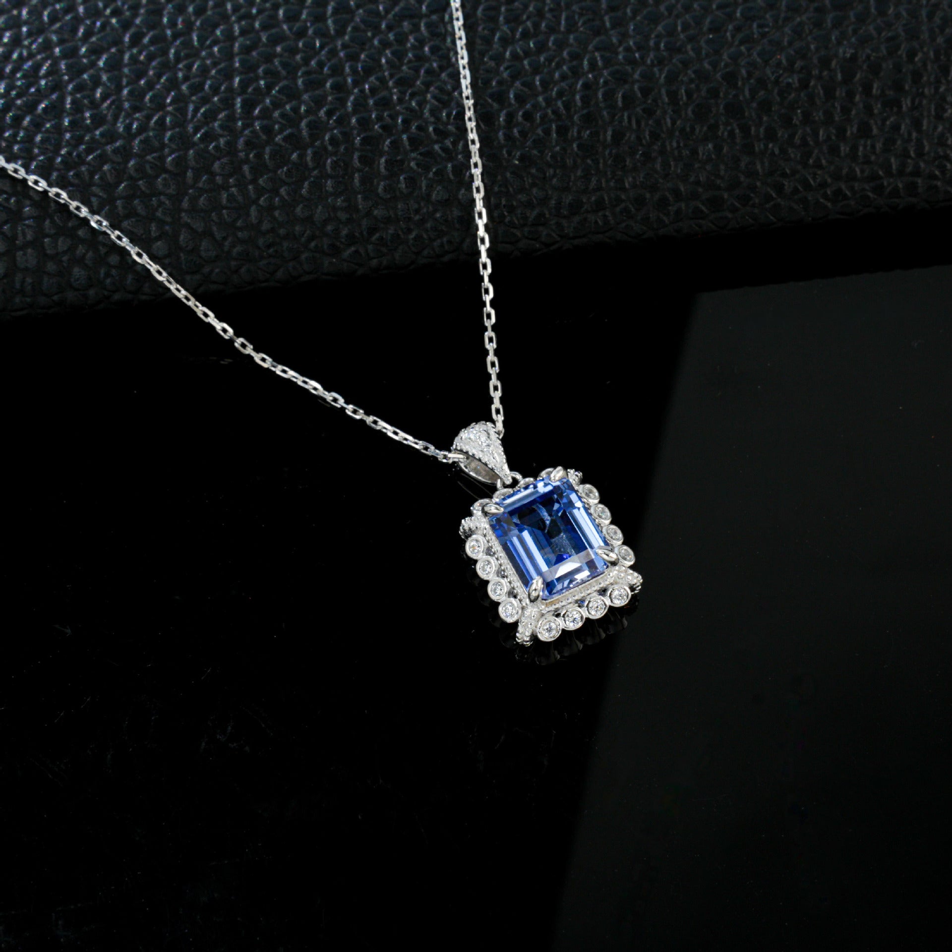 925 Sterling Silver Lab Sapphire Square Pave Choker Necklace, Elegant Versatile - Photo 4