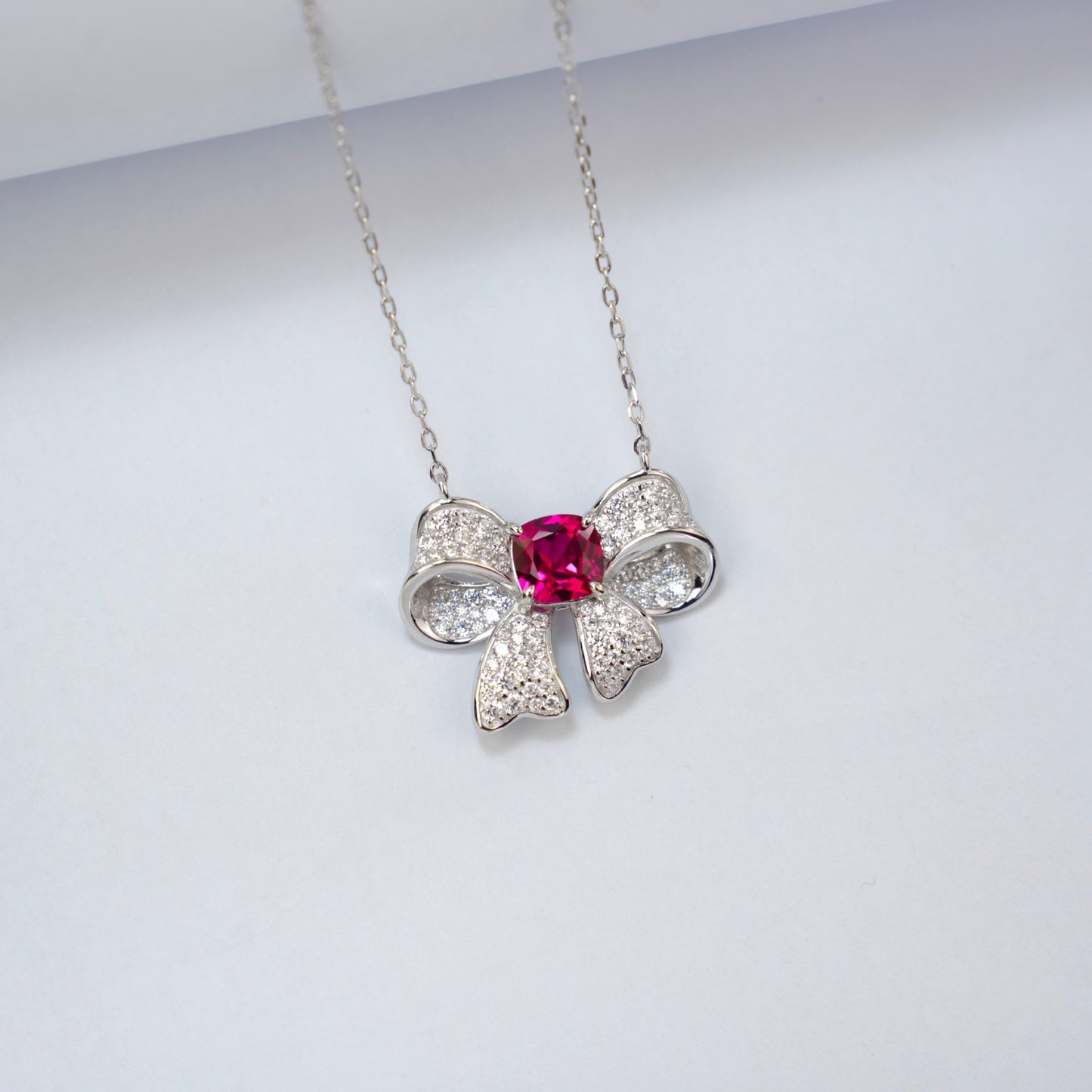 S925 Sterling Silver Lab Ruby Bow Full Diamond Choker, Versatile - Photo 4