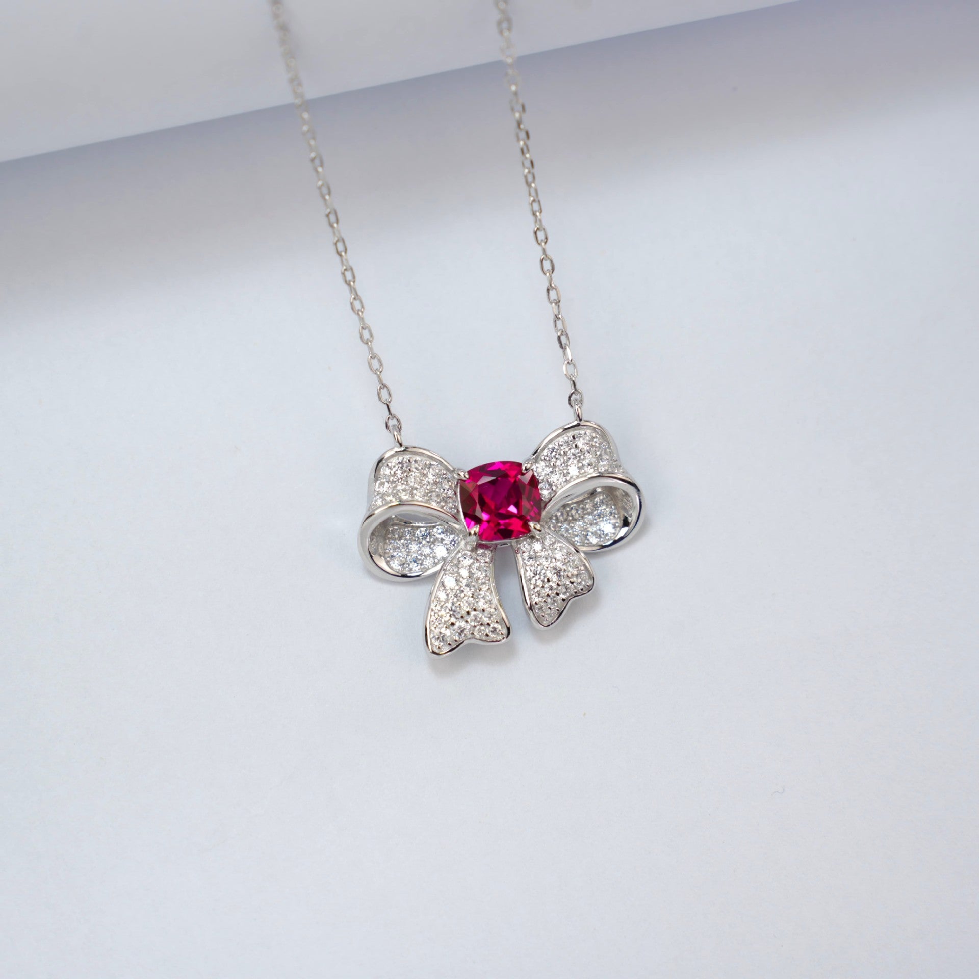 S925 Sterling Silver Lab Ruby Bow Full Diamond Choker, Versatile - Photo 4
