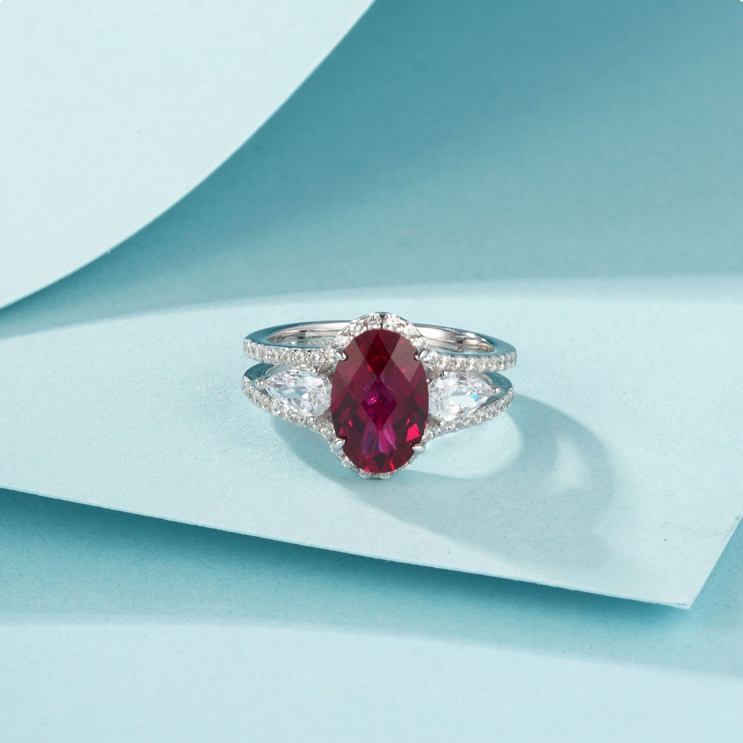S925 Sterling Silver coloured Gemstone Ring, Oval Double Teardrop for Women - Photo 2
