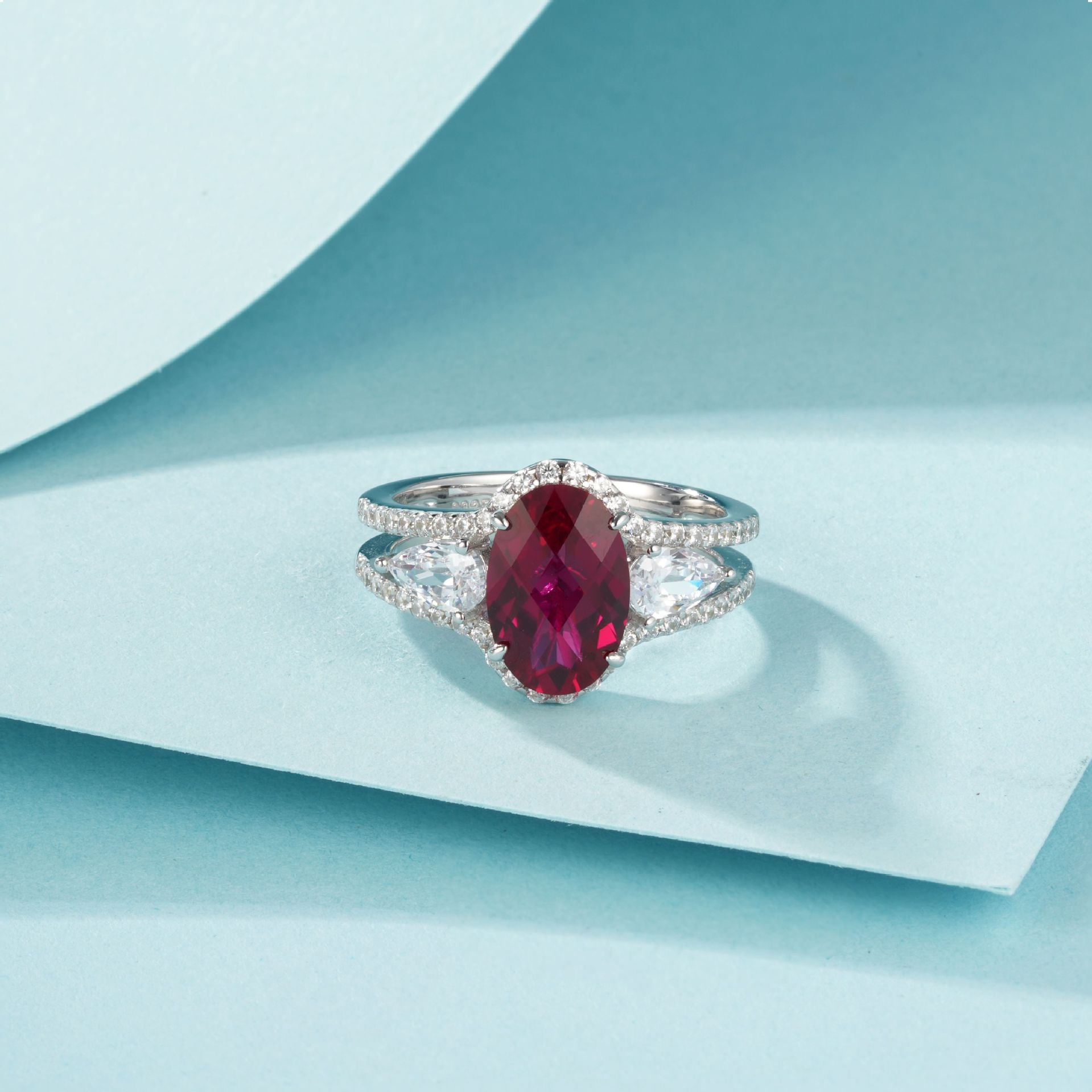 S925 Sterling Silver coloured Gemstone Ring, Oval Double Teardrop for Women - Photo 2