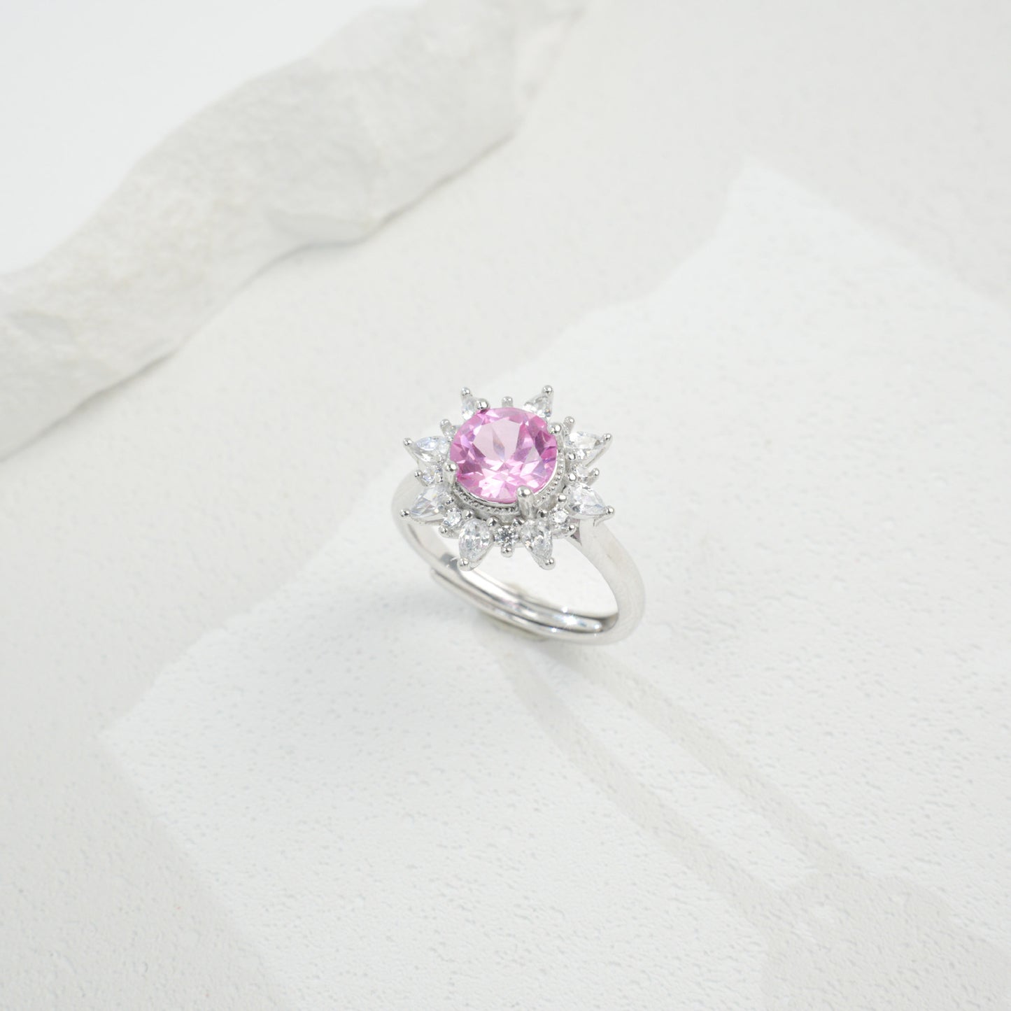 S925 Sterling Silver Gemstone Sunflower Halo Adjustable Open Ring, Versatile - Photo 5