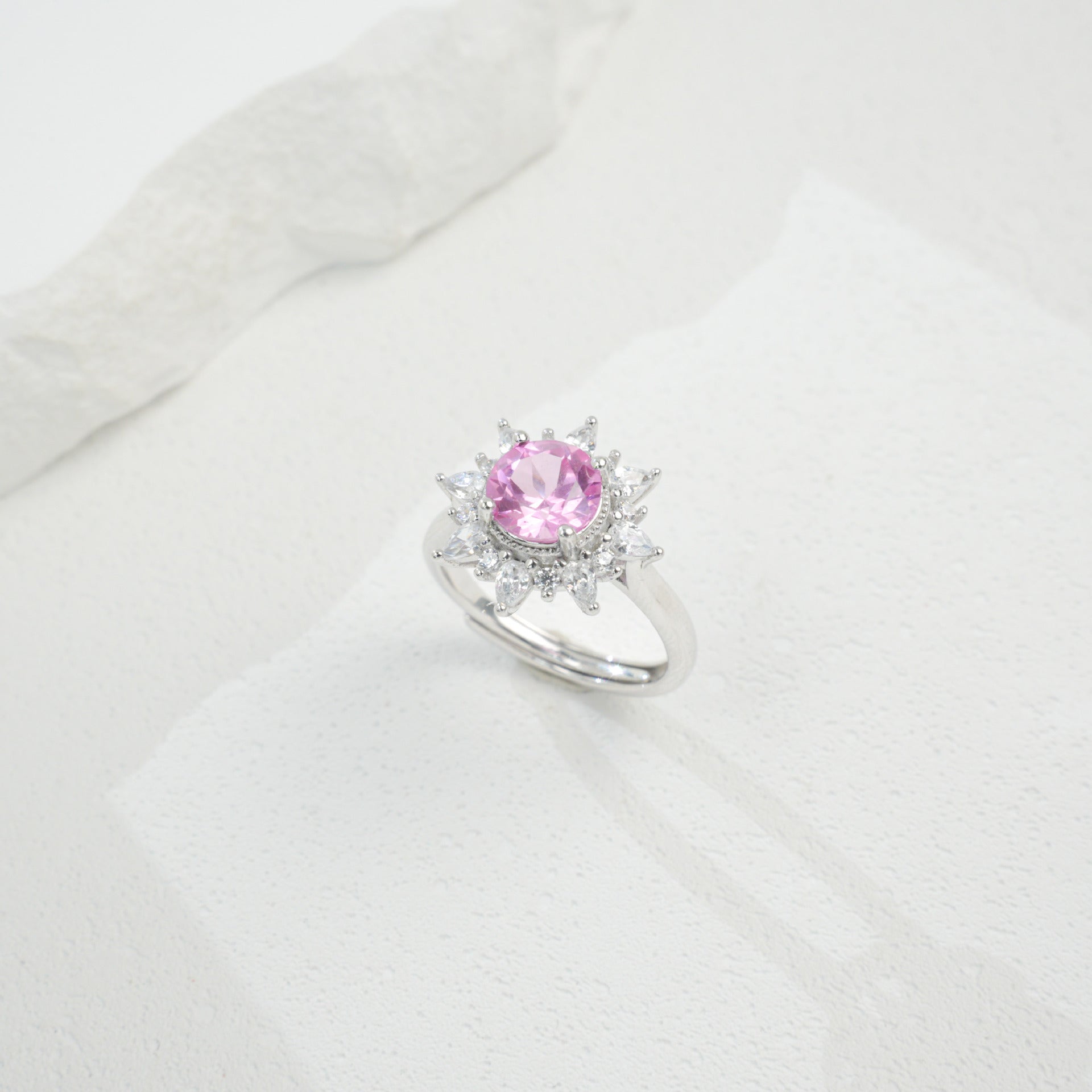 S925 Sterling Silver Gemstone Sunflower Halo Adjustable Open Ring, Versatile - Photo 5