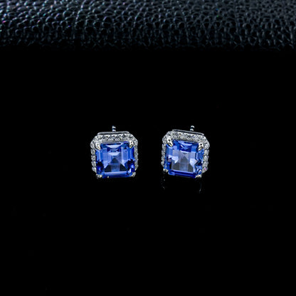 Lab Sapphire Stud Earrings S925 Silver Square 4-Claw Frame, Gemstone - Photo 6
