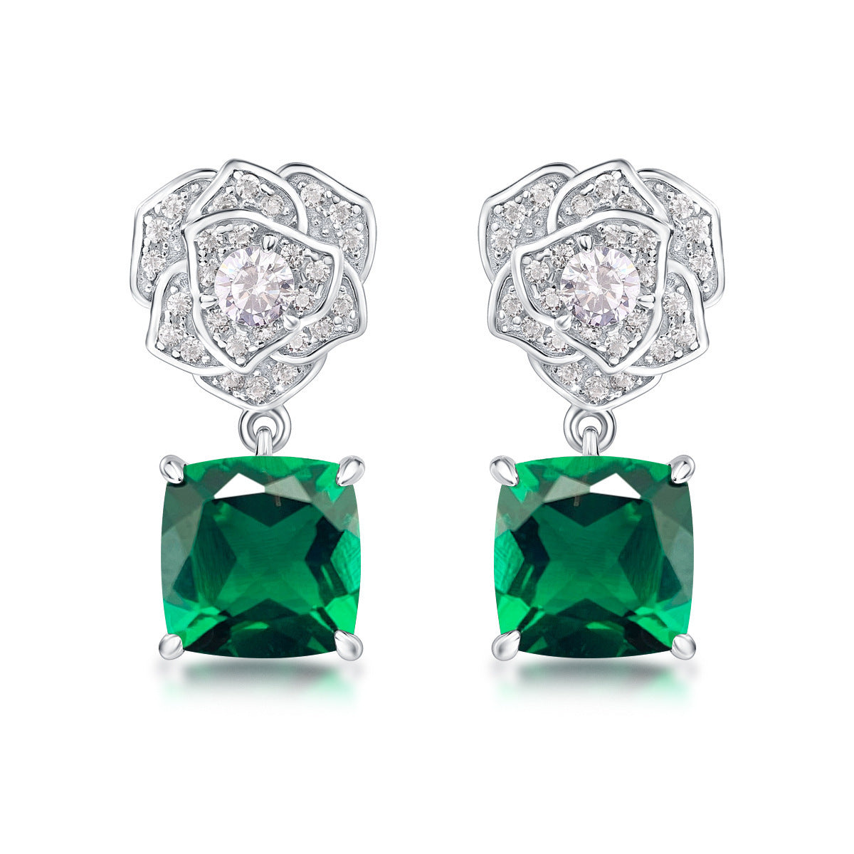 S925 Silver 3D Camellia Lab Emerald Drop Earrings, French Gemstone Flower - Photo 5