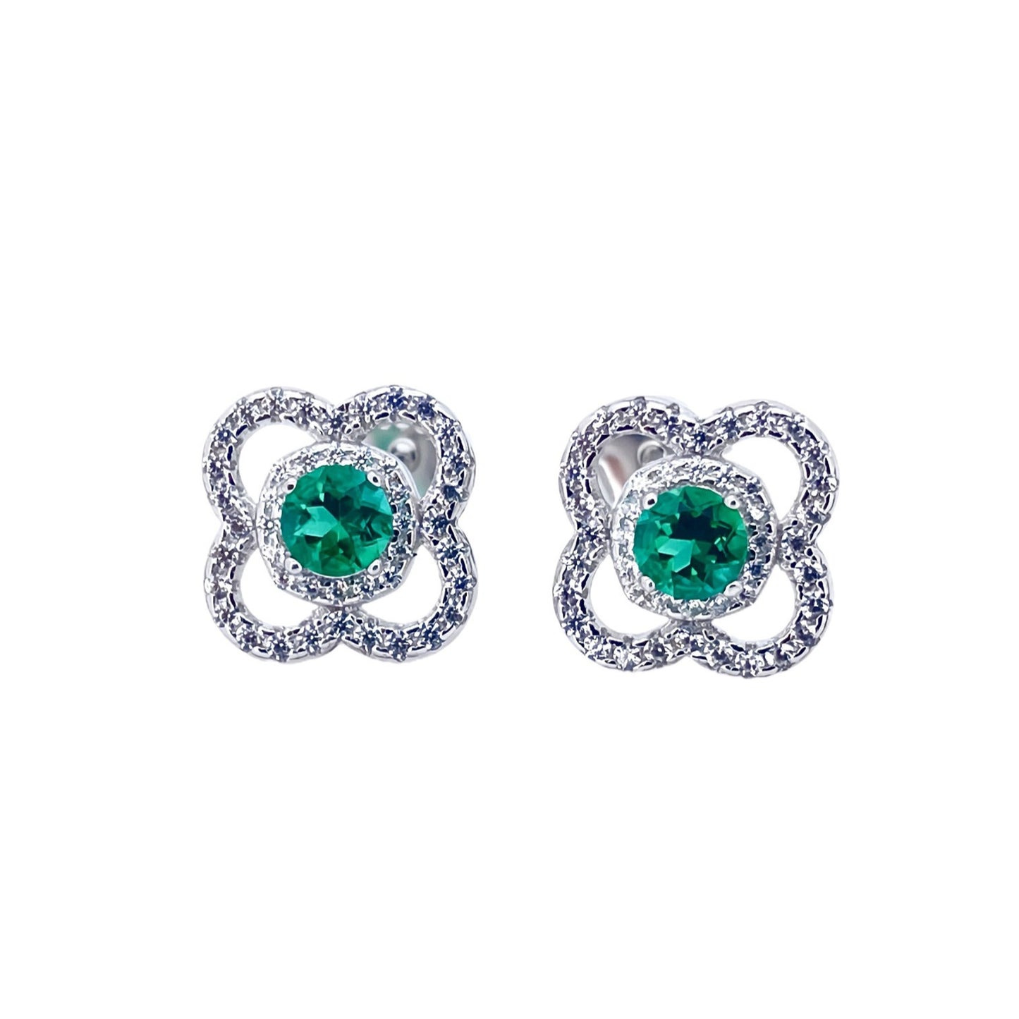 Lab Emerald S925 Silver Stud Earrings, Flower Vintage Premium - Photo 3