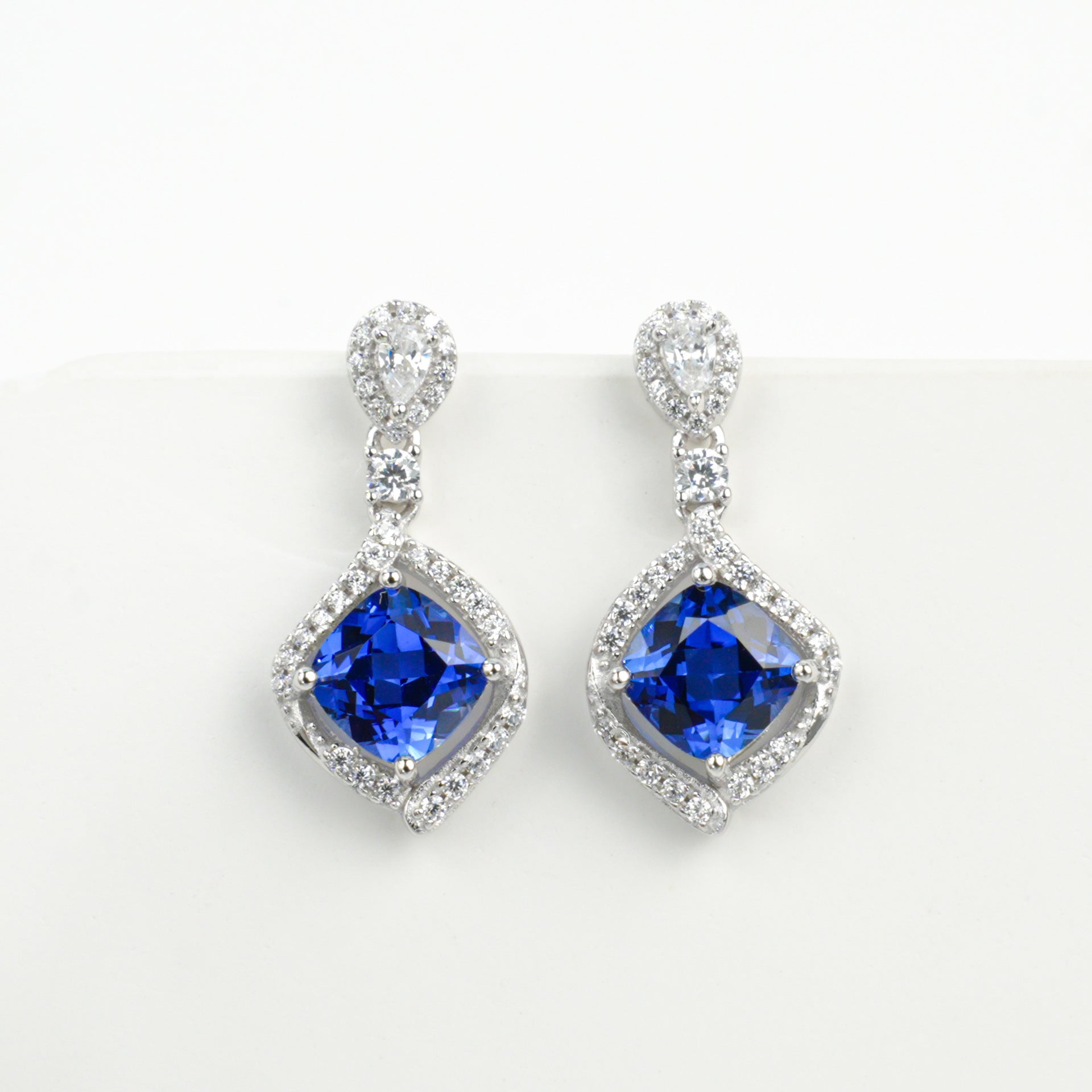 925 Sterling Silver Lab Sapphire Earrings, Elegant French Vintage for Women - Photo 6