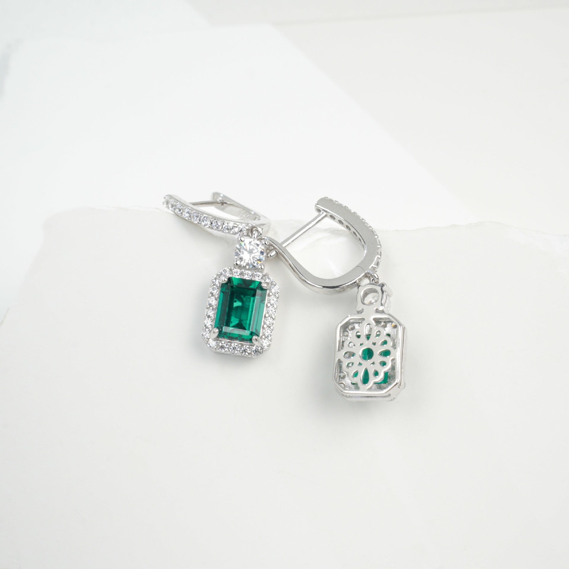925 Sterling Silver Lab Emerald Square Earrings, French Vintage - Photo 4