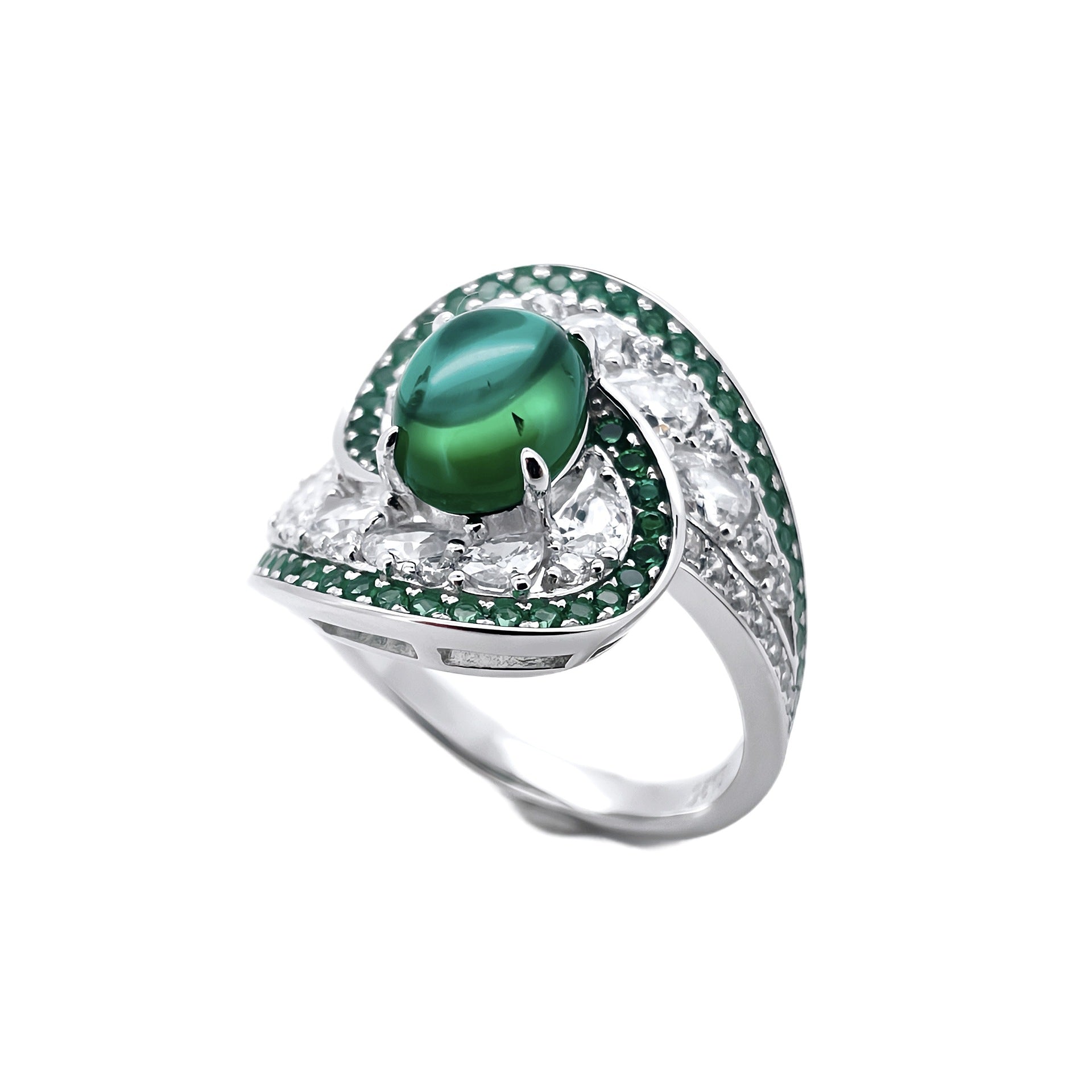 S925 Sterling Silver Emerald Ring Sugarloaf Cabochon Full Diamond Design, Premium - Photo 5