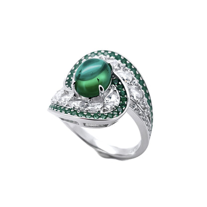 S925 Sterling Silver Emerald Ring Sugarloaf Cabochon Full Diamond Design, Premium - Photo 5
