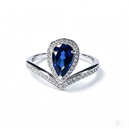 925 Sterling Silver Lab Sapphire Teardrop Ring, Premium Versatile - Photo 5