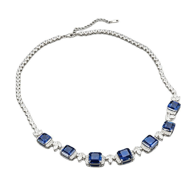 925 Sterling Silver Lab Sapphire Square Leaf Choker Necklace, Premium Wedding - Photo 5