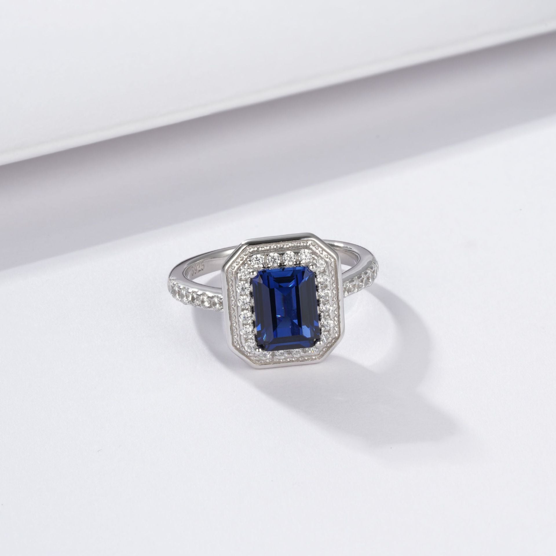 S925 Sterling Silver Lab Sapphire Ring, Halo Full Diamond - Photo 4