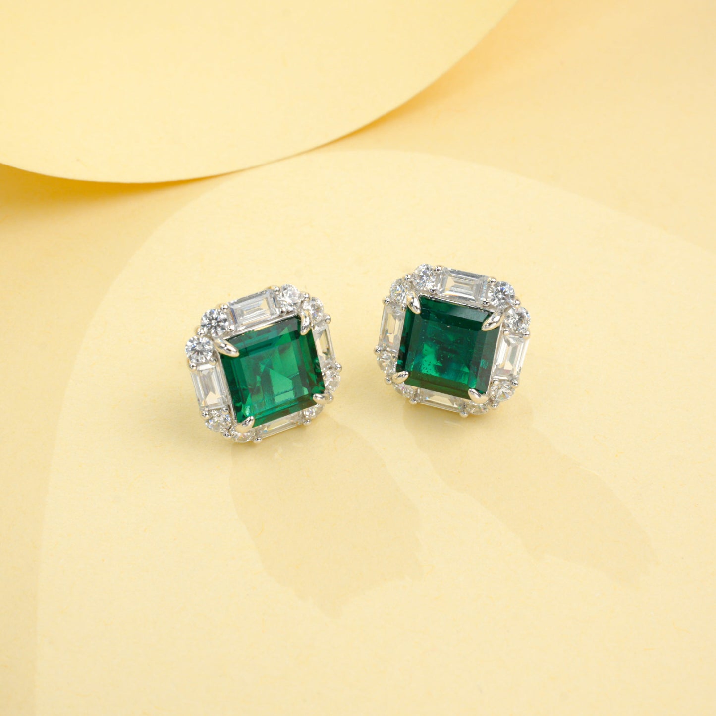 S925 Silver Lab Emerald Stud Earrings Double-Layer Full Diamond Halo, Anniversary Versatile - Photo 2