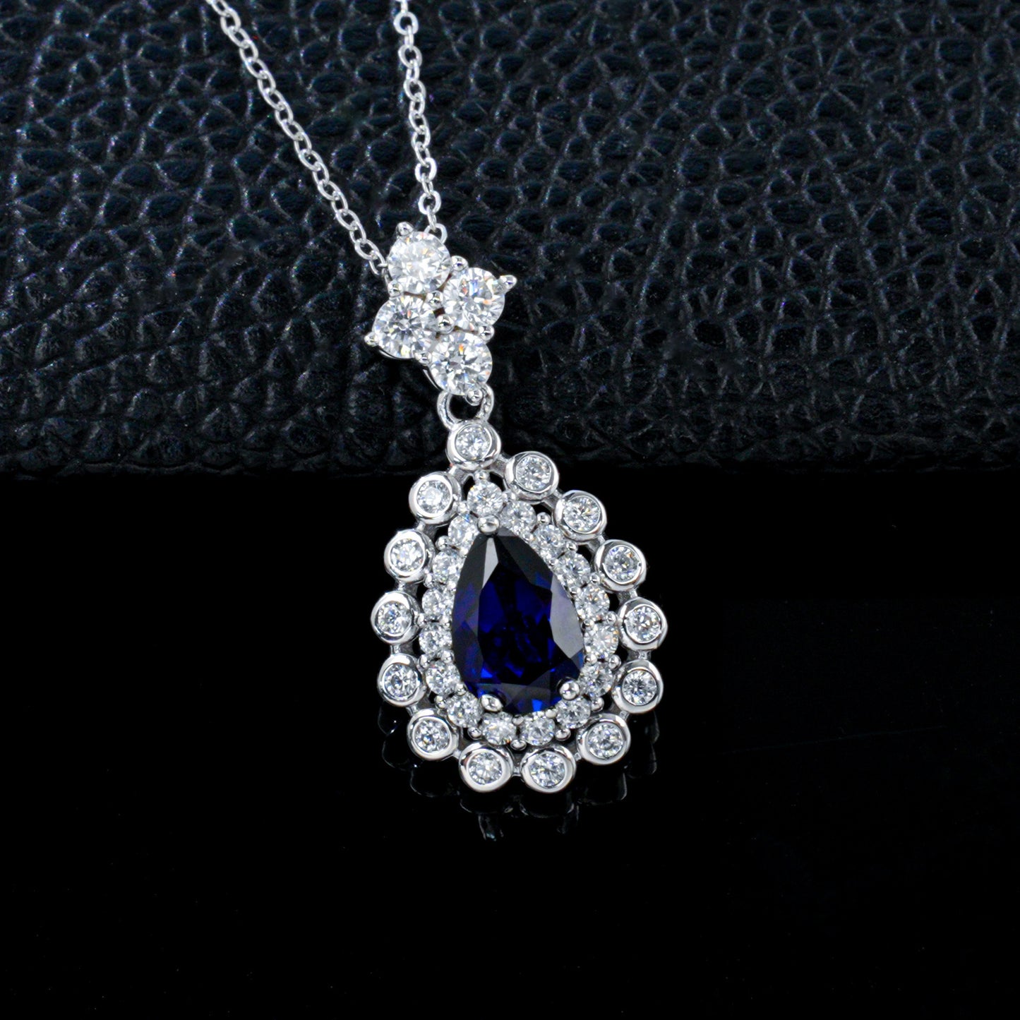 S925 Silver Royal Blue Lab Sapphire Teardrop Halo Necklace, Premium - Photo 2
