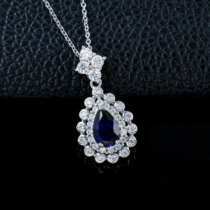 S925 Silver Royal Blue Lab Sapphire Teardrop Halo Necklace, Premium - Photo 2