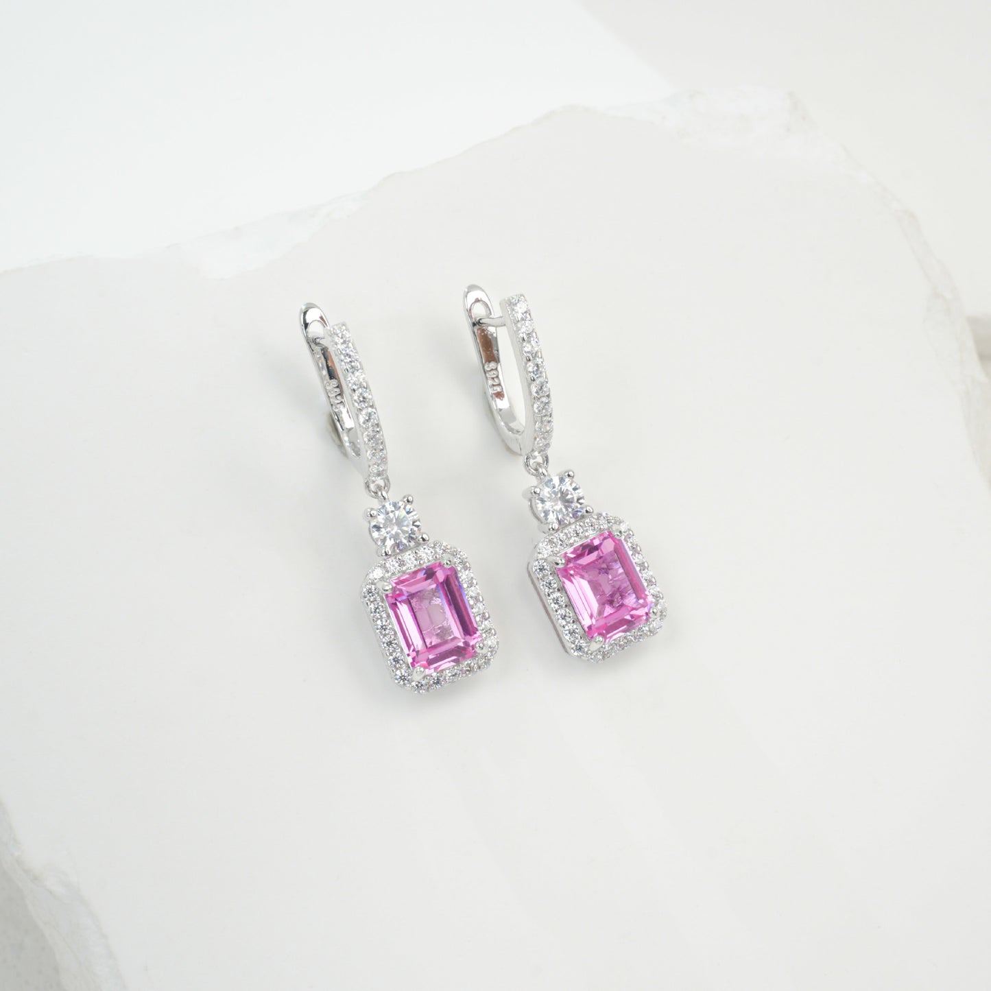 S925 Sterling Silver Lab Padparadscha Square Emerald-Cut Drop Earrings, Vintage Versatile - Photo 2