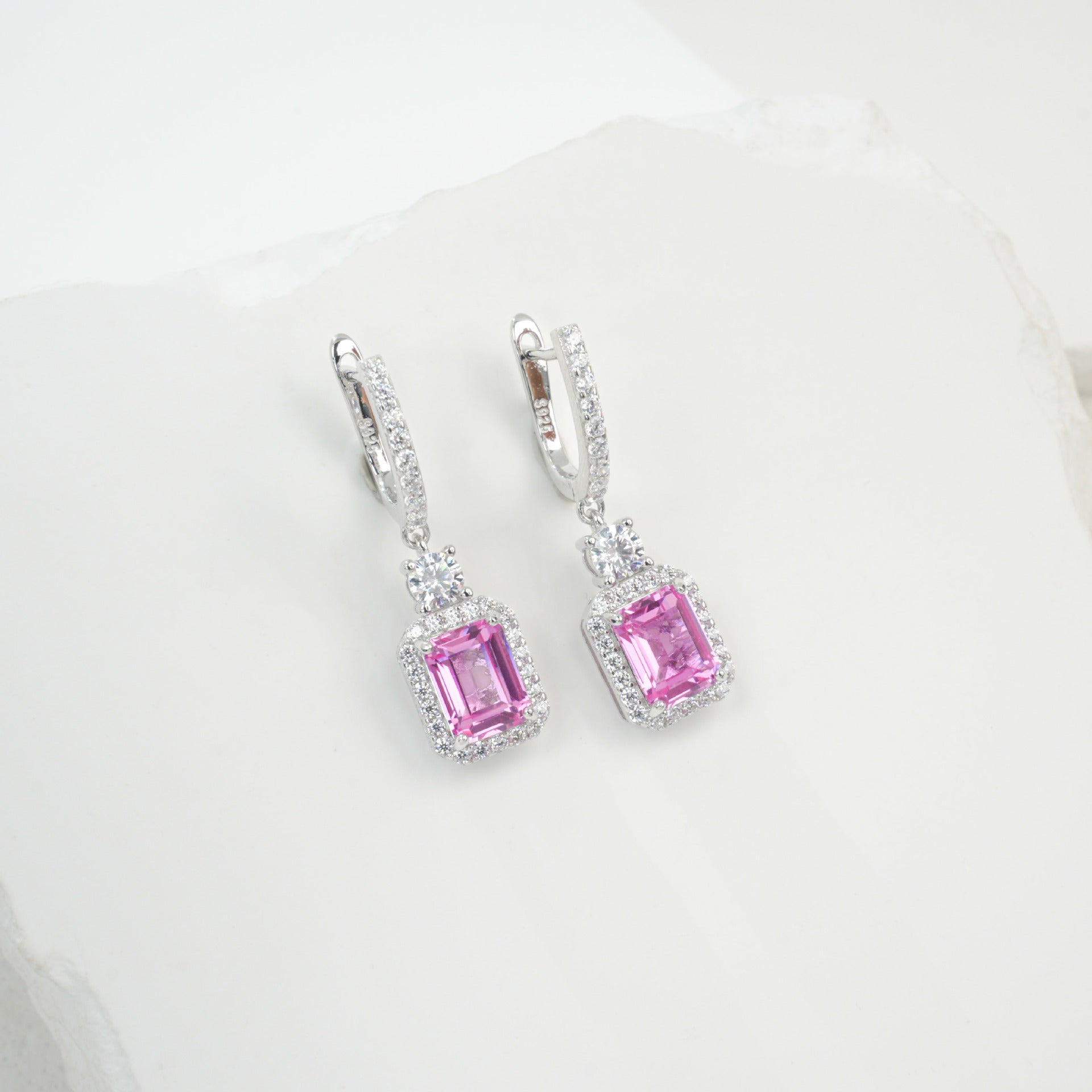 S925 Sterling Silver Lab Padparadscha Square Emerald-Cut Drop Earrings, Vintage Versatile - Photo 2