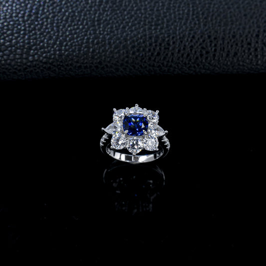 S925 Sterling Silver Lab Sapphire Ring Halo Diamond, Versatile Jewellery Premium - Photo 3
