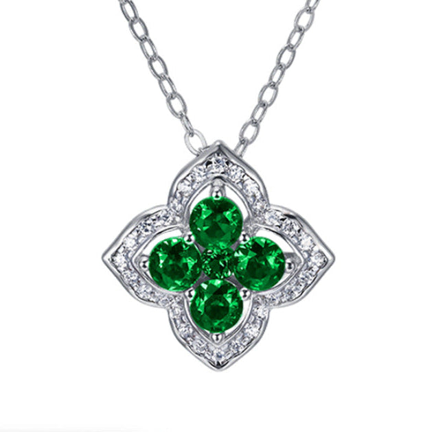 S925 Sterling Silver Lab Emerald Four-Leaf Clover Halo Pendant Necklace, Premium for Women - Photo 1