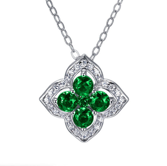S925 Sterling Silver Lab Emerald Four-Leaf Clover Halo Pendant Necklace, Premium for Women - Photo 1