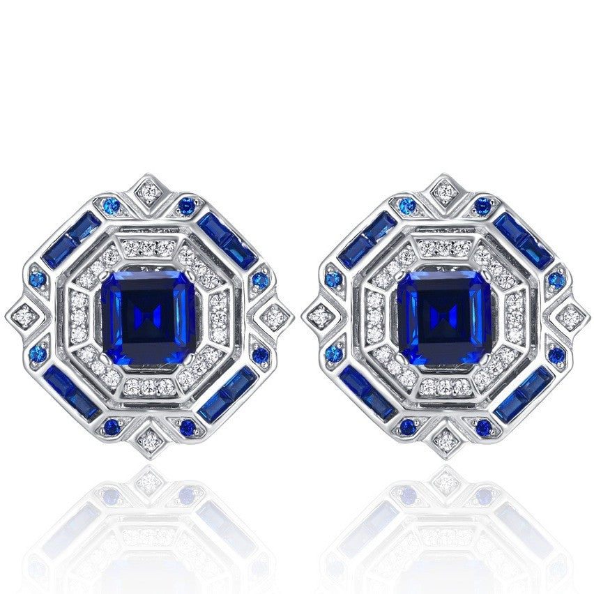 925 Sterling Silver Lab Sapphire Octagon Halo Earrings, Vintage Versatile - Photo 5