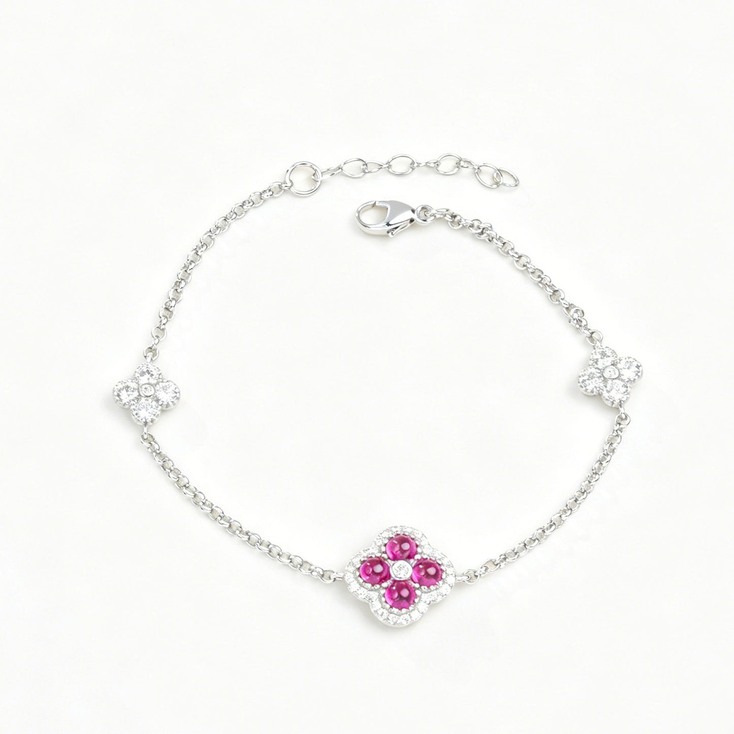 S925 Sterling Silver Lab Ruby Four-Leaf Clover Pave Bracelet, Premium - Photo 5