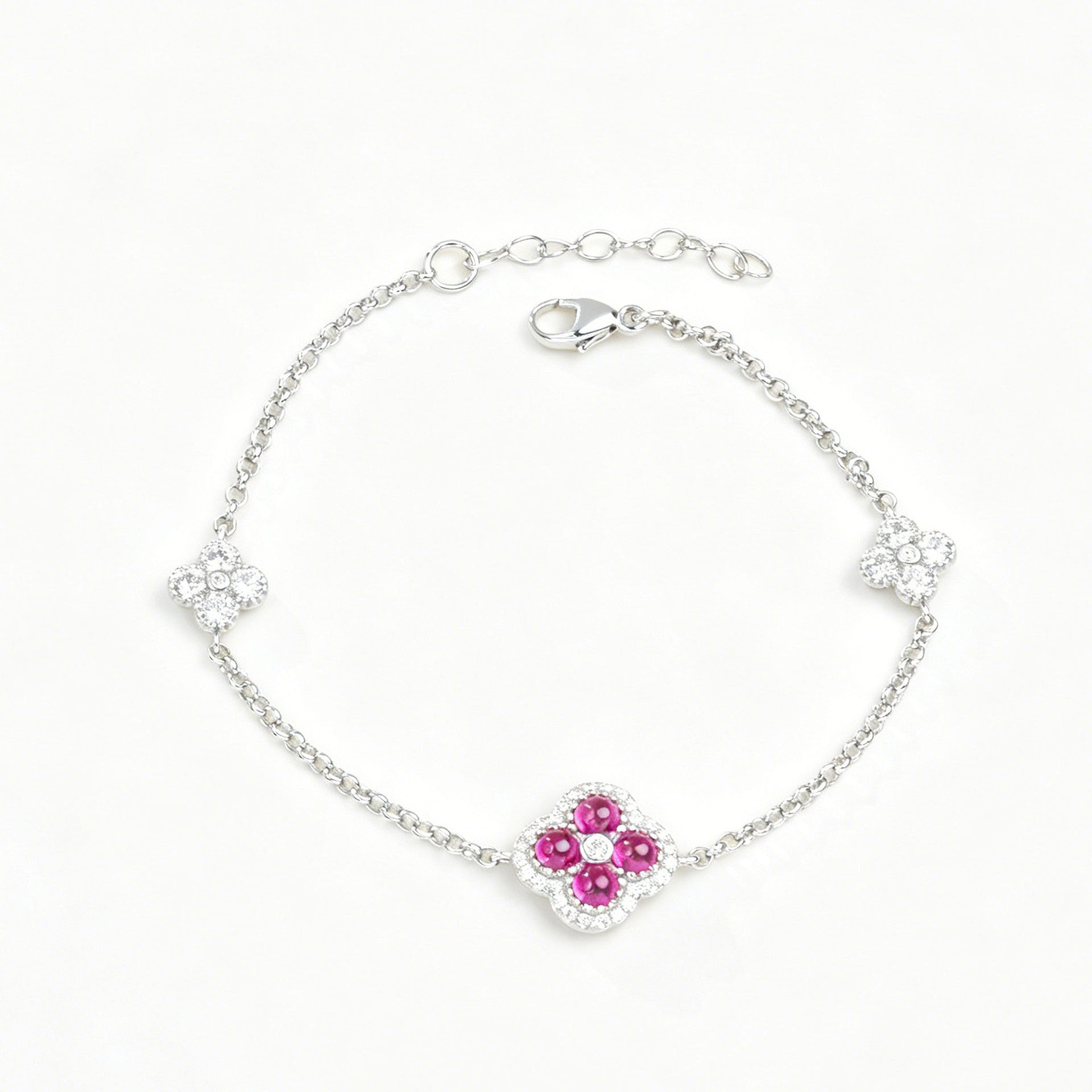 S925 Sterling Silver Lab Ruby Four-Leaf Clover Pave Bracelet, Premium - Photo 5