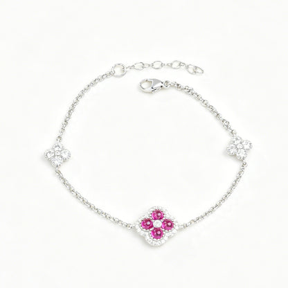 S925 Sterling Silver Lab Ruby Four-Leaf Clover Pave Bracelet, Premium - Photo 5