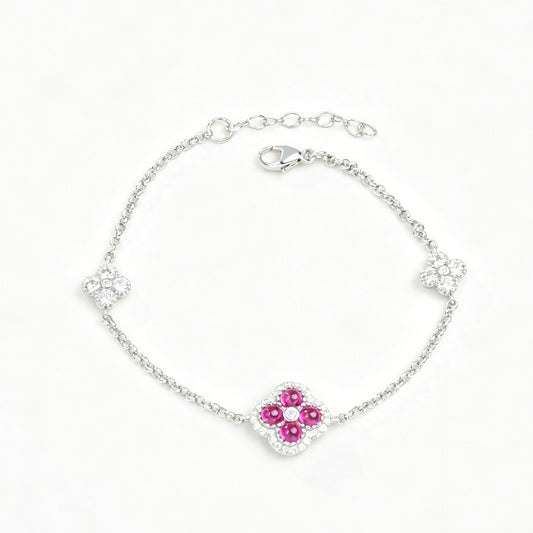 S925 Sterling Silver Lab Ruby Four-Leaf Clover Pave Bracelet, Premium - Photo 5
