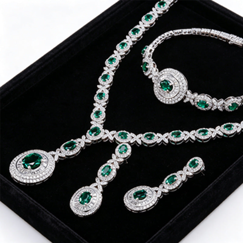 925 Sterling Silver Oval Lab Emerald 3-Piece Jewellery Set (Bracelet, Earrings, Necklace), Luxurious - Photo 4