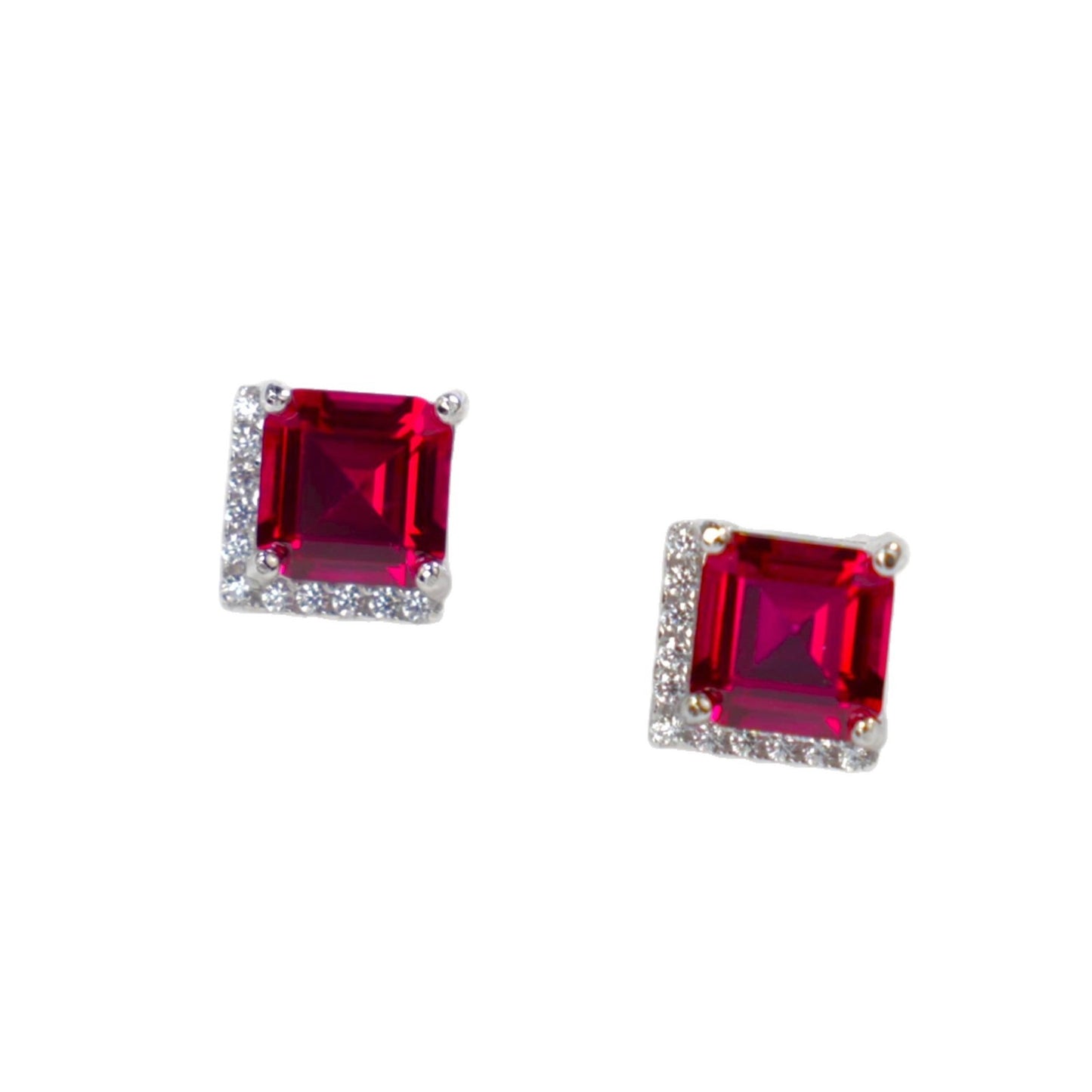 S925 Sterling Silver Emerald-Cut Lab Ruby Stud Earrings, Minimalist - Photo 5