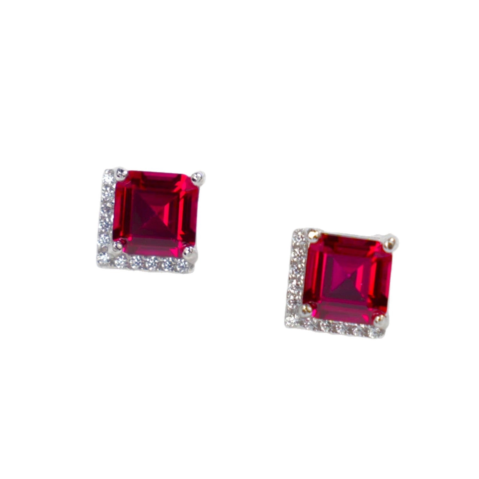 S925 Sterling Silver Emerald-Cut Lab Ruby Stud Earrings, Minimalist - Photo 5
