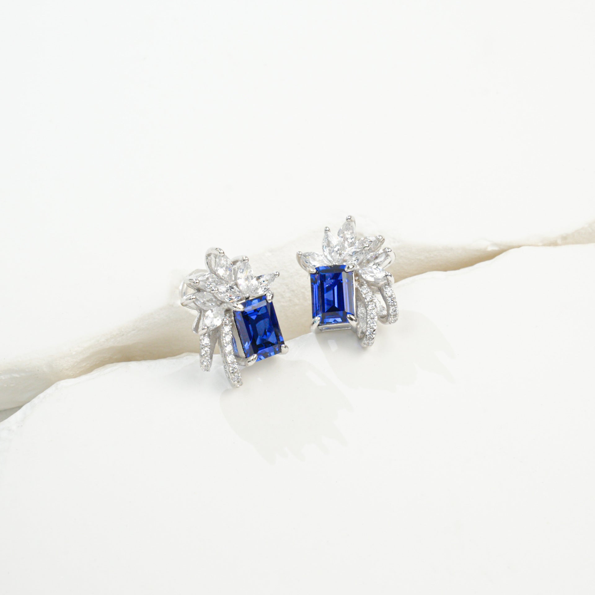 925 Sterling Silver Lab Sapphire Wing & Leaf Halo Earrings, Emerald-Cut - Photo 6
