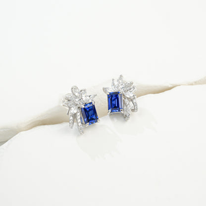 925 Sterling Silver Lab Sapphire Wing & Leaf Halo Earrings, Emerald-Cut - Photo 6