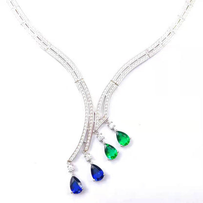 S925 Silver Necklace Emerald and Sapphire Pendant Diamond Chain, Premium Skin-Brightening - Photo 5