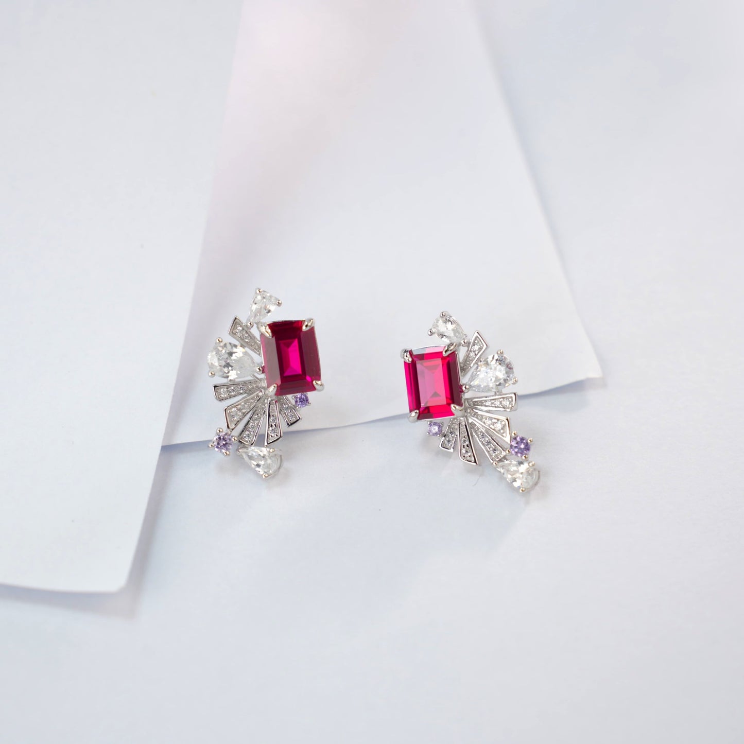 S925 Lab Ruby Fan Earrings, Vintage Earrings - Photo 3