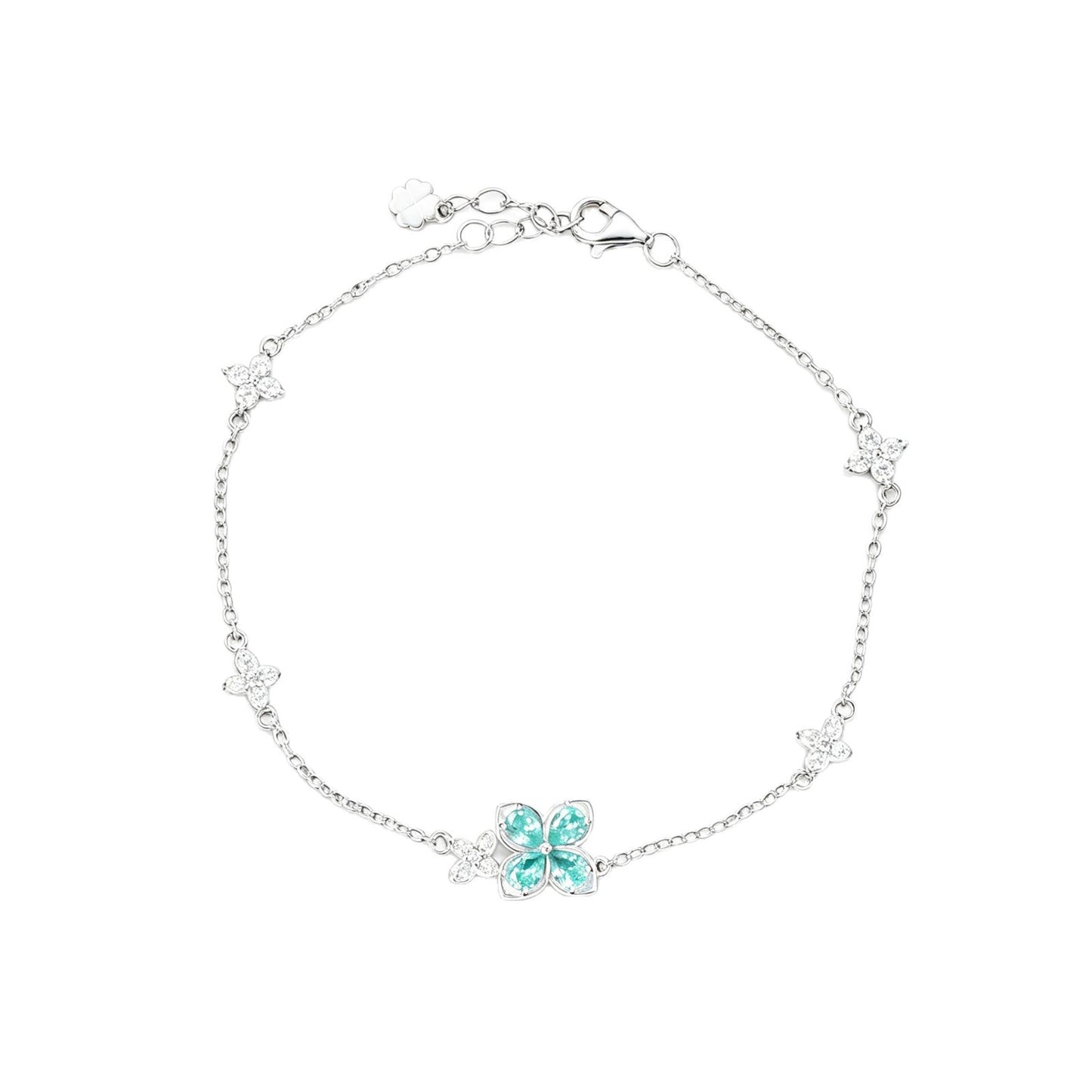 S925 Silver Four-Leaf Clover Paraiba Tsavorite Bracelet, Full Diamond Flower - Photo 5