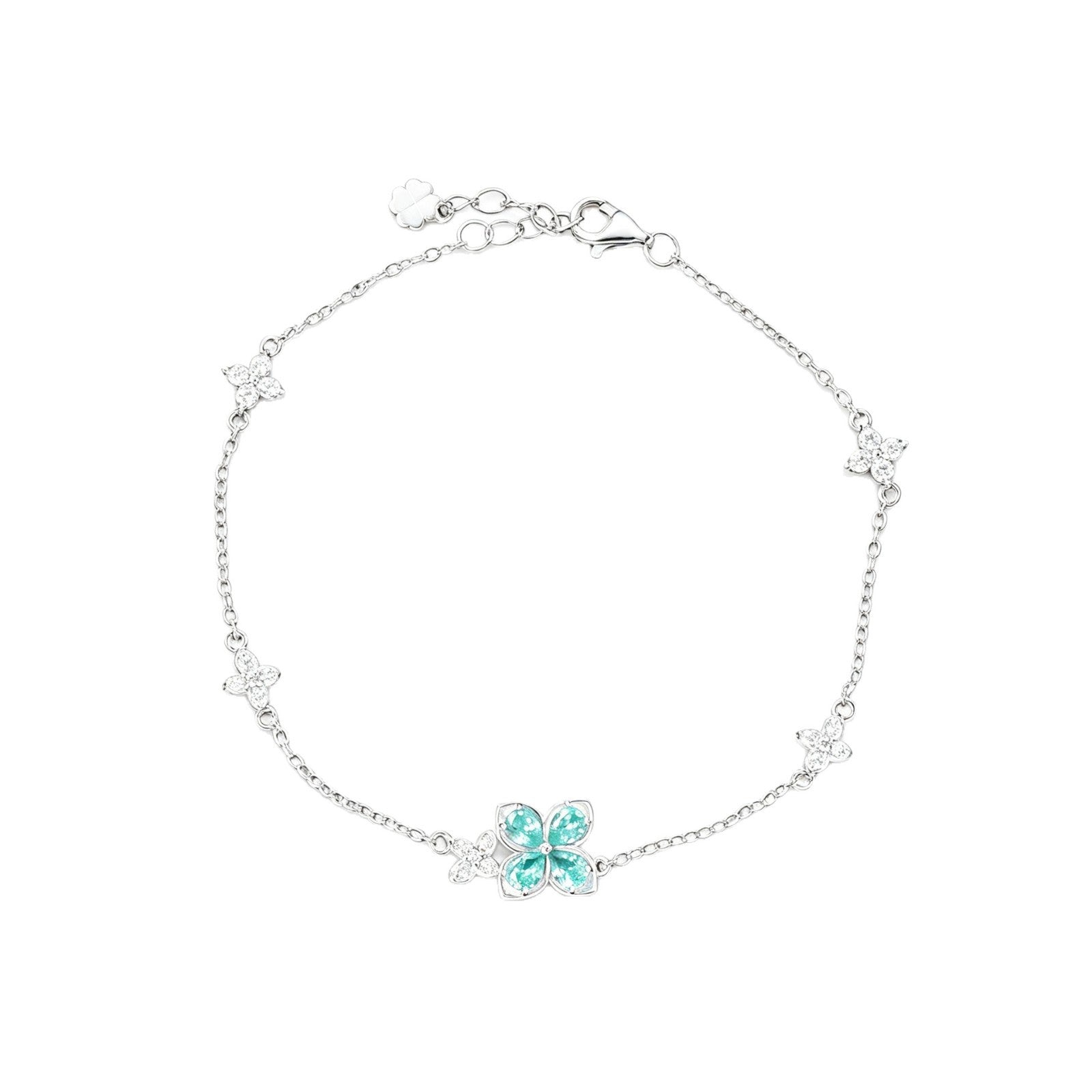 S925 Silver Four-Leaf Clover Paraiba Tsavorite Bracelet, Full Diamond Flower - Photo 5