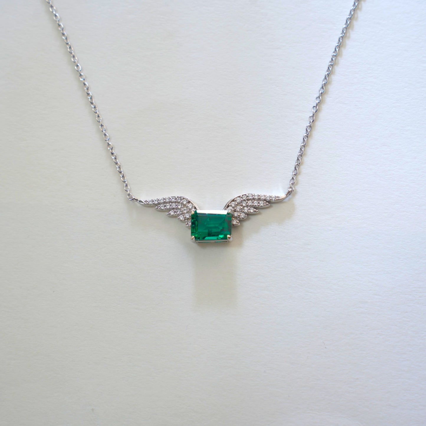 S925 Sterling Silver Lab Emerald Angel Wings Sweater Chain Choker, Vintage for Women - Photo 4