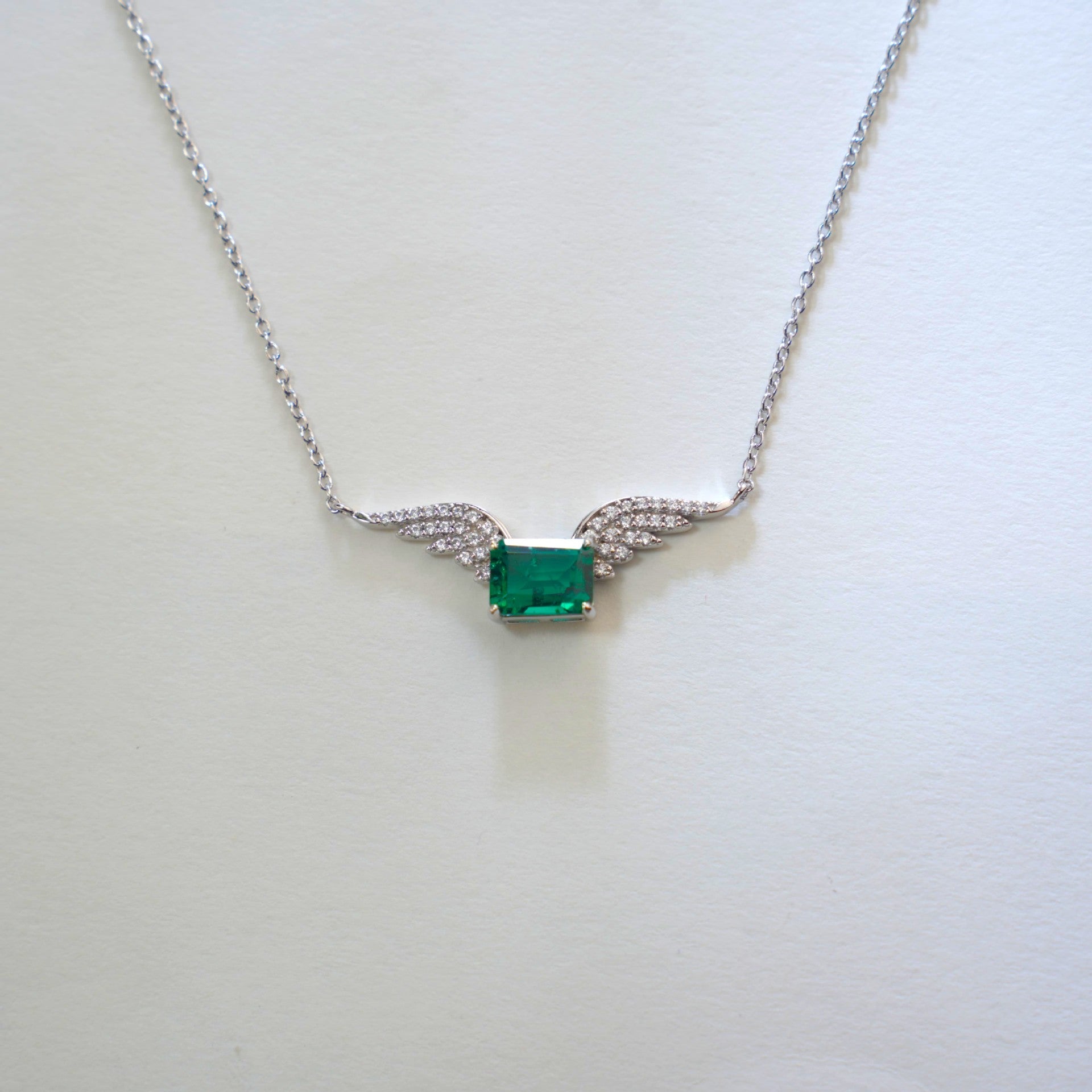 S925 Sterling Silver Lab Emerald Angel Wings Sweater Chain Choker, Vintage for Women - Photo 4