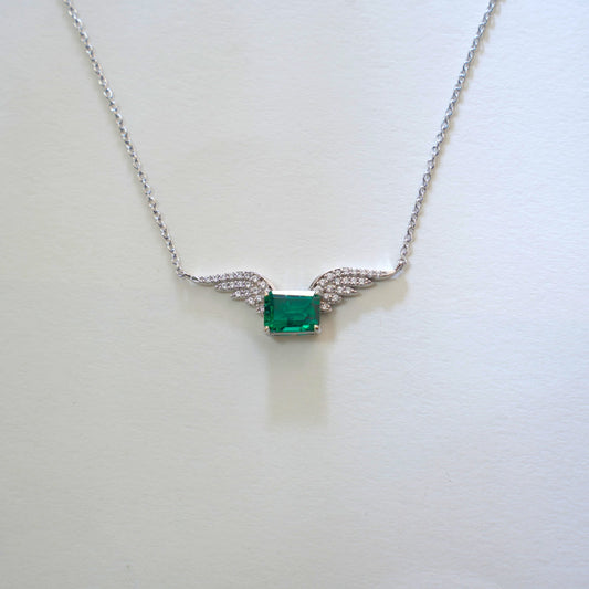 S925 Sterling Silver Lab Emerald Angel Wings Sweater Chain Choker, Vintage for Women - Photo 4