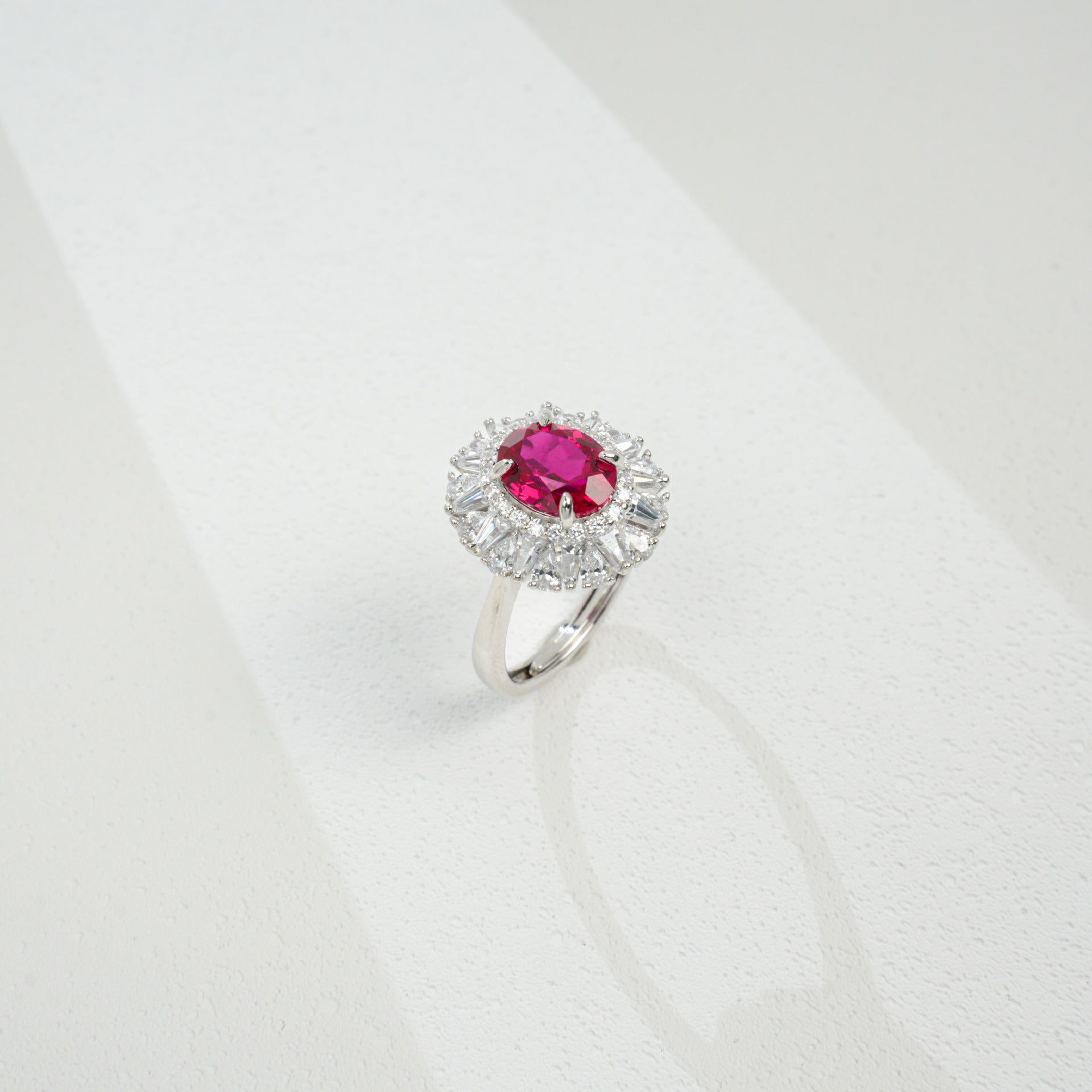 S925 Sterling Silver Lab Ruby Ring, Open Oval Halo - Photo 3
