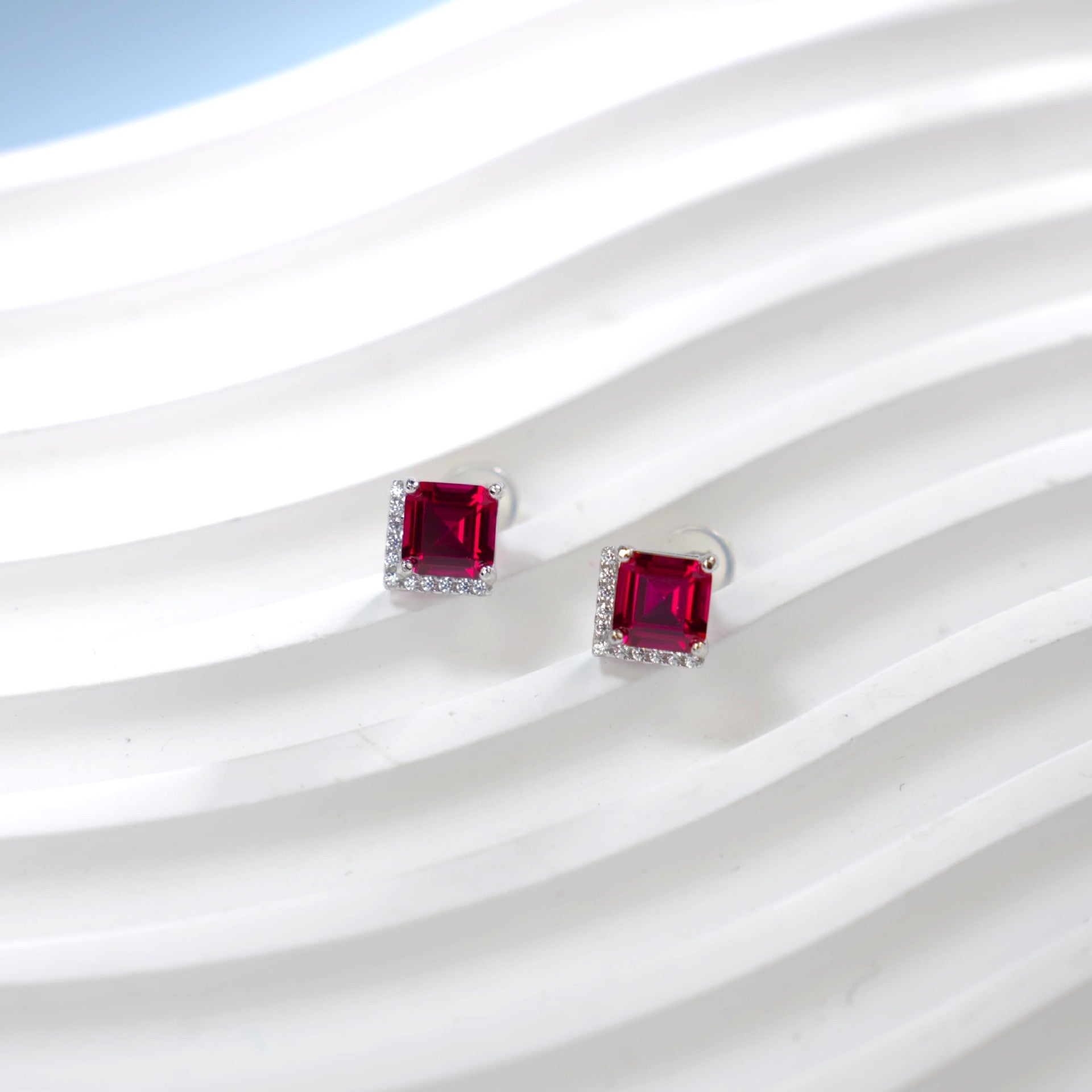 S925 Sterling Silver Emerald-Cut Lab Ruby Stud Earrings, Minimalist - Photo 2