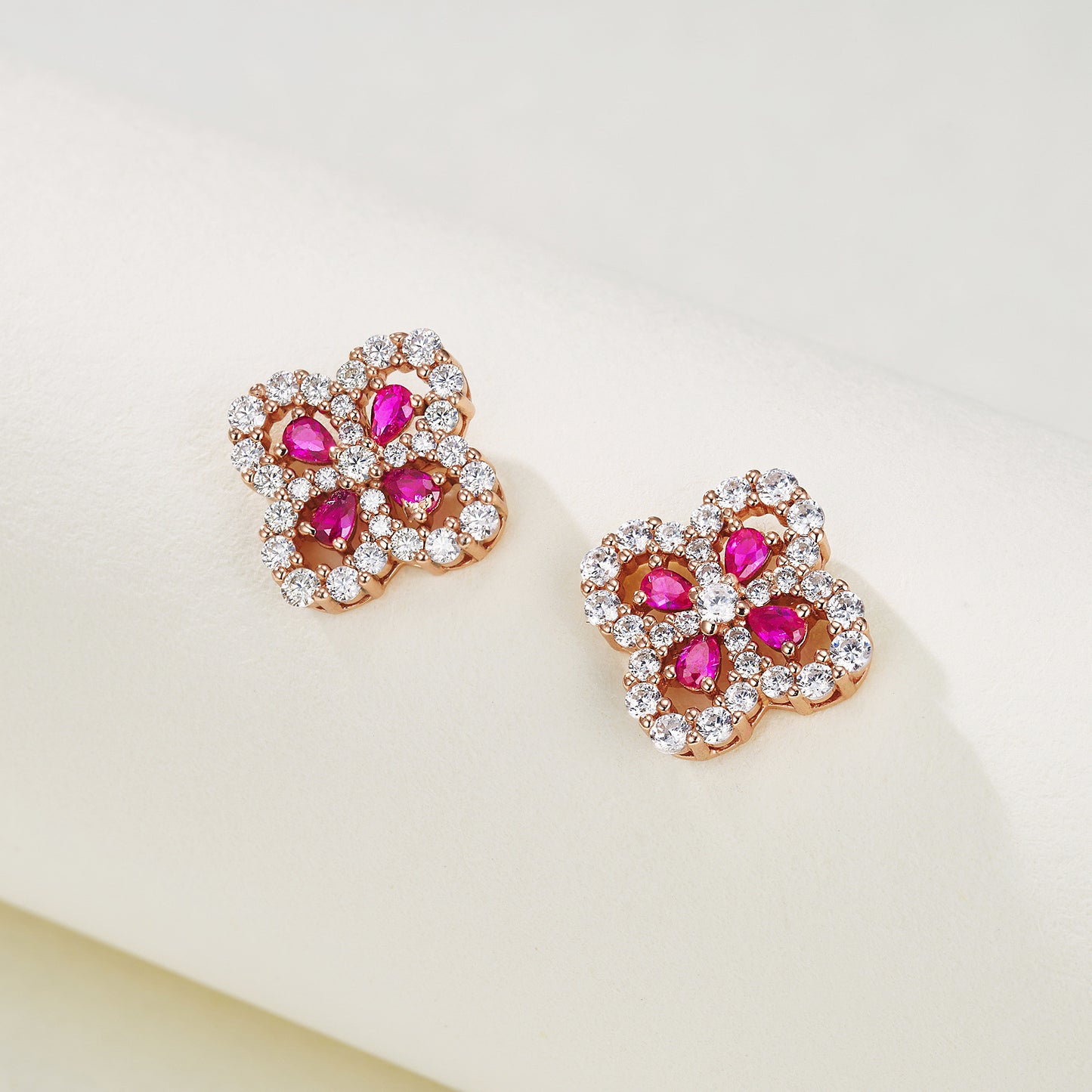 S925 Sterling Silver Rose-Gold Lab Ruby Four-Leaf Clover Pave Earrings, Jewellery for Women - Photo 3